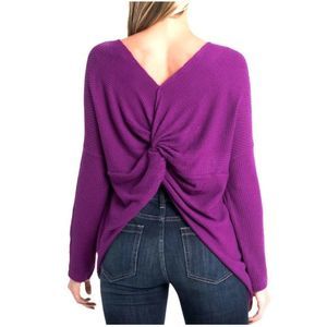 1.State ‎ Knot Back Long Sleeve Asymmetrical Waffle Knit Top Marsala Size Small